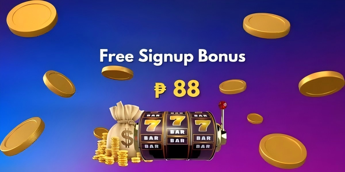 Blue and purple banner with gold coins, a money bag and a triple-seven slot machine advertising a free signup bonus of 88 pesos
