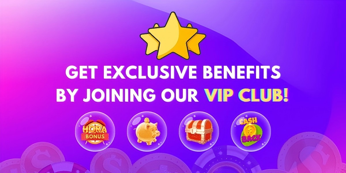 Purple to pink VIP banner with three gold stars and circular icons for hourly bonus, piggy bank savings, treasure chest and cash back